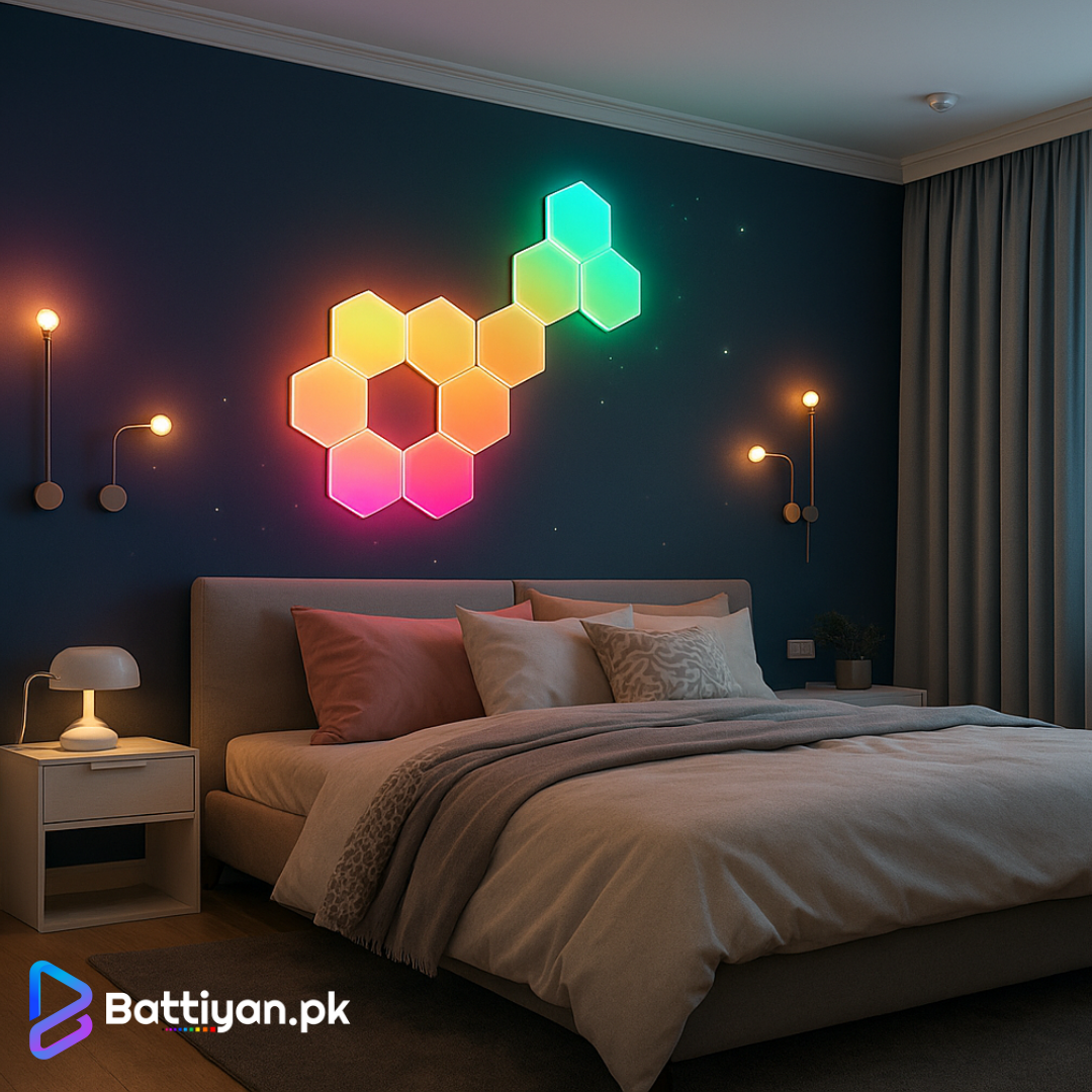 RGB Hexa by Battiyan | 10 Pcs Smart Hexagon Wall Lights (13 LEDs Each) | 6-Way USB Joints | WiFi Tuya App, Alexa & Google Control | Modular RGB Panels Pakistan