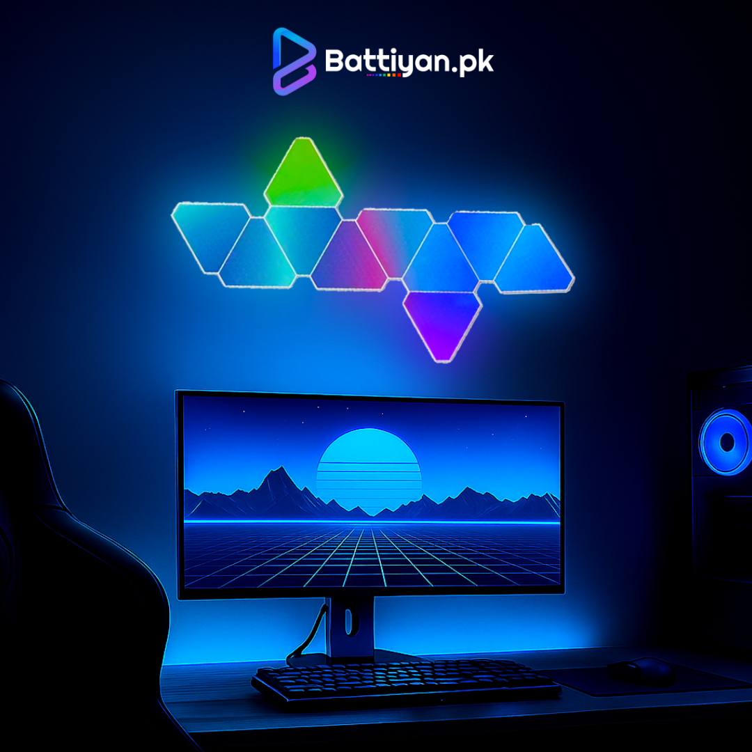 RGB Tri by Battiyan | 10 Pcs Smart Triangle Wall Lights (25 LEDs Each) | 6-Way USB Joints | WiFi Tuya App, Alexa & Google Home Control | Modular RGB Panels Pakistan